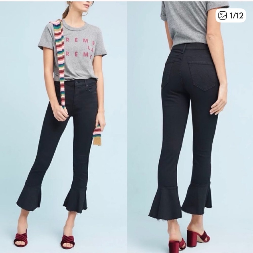 MOTHER The Cha Cha Fray Black Flare High Rise Jeans